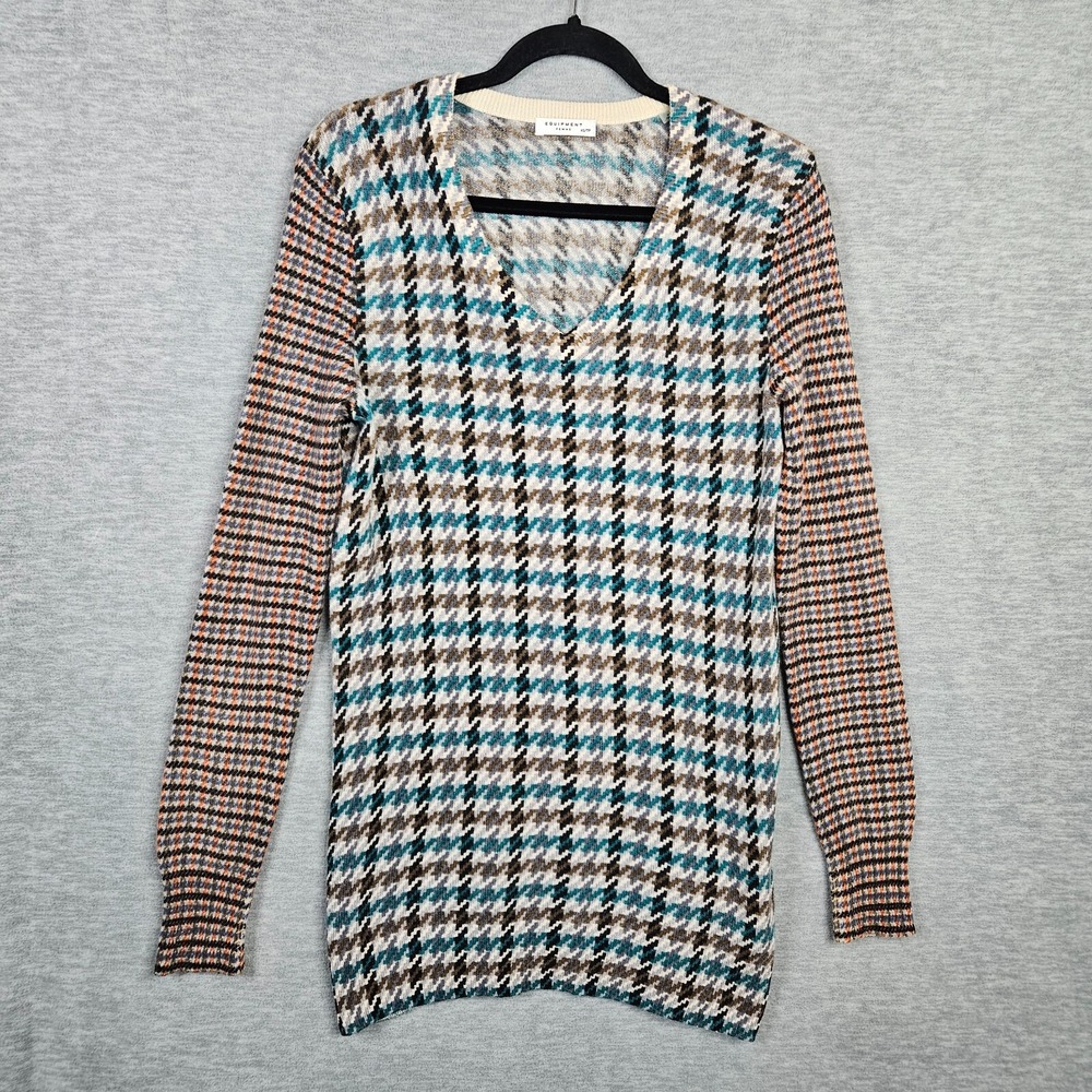 Equipment Femme Women's Houndstooth V-neck Cashmere Long Sleeve Sweater Sz XS